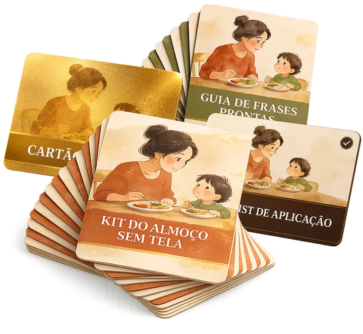 Kit do Almoço sem Tela, leque de cartões com Guia de Frases, Cartão Plano B e Checklist de Aplicação